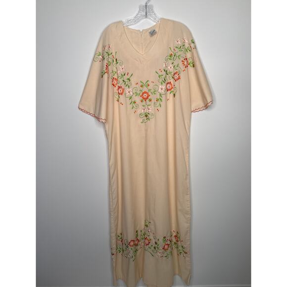 Vintage Leandra Embroidered Floral Caftan peach Dress flutter sleeves medium - Picture 6 of 16